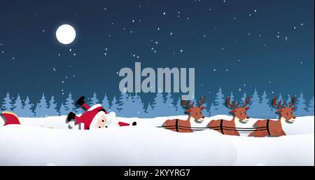 Image of snow falling over santa claus in sleigh with reindeer and winter landscape at christmas Stock Photo