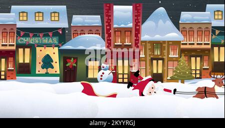 Image of snow falling and santa claus in sleigh over houses and winter landscape at christmas Stock Photo