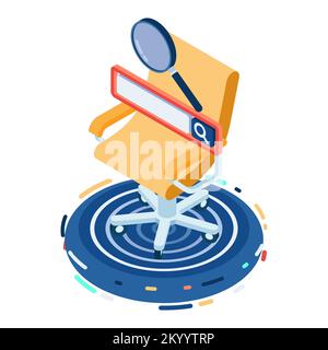 Flat 3d Isometric Office Chair with Search Bar and Magnifying Glass. Looking for Employment and Job Vacancy Concept. Stock Vector