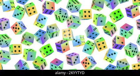 Gambling dice. Seamless pattern of polyhedral game cubes in gradient color with black dots on white. To play in casino, roll dice from one to six poin Stock Vector