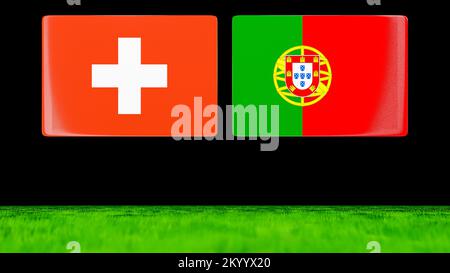 National Flags of Switzerland and Portugal as glossy cards floating over a green field. 3D render. Stock Photo