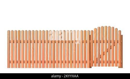 New unpainted wooden fence made of boards and picket fence. Isolated on white background Vector. Stock Vector