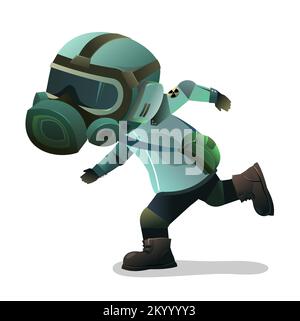 Man in gas mask running fast. Character in chemical protection against radioactive dust. Cartoon person post-apocalypse. Radiation and behavior. Isola Stock Vector