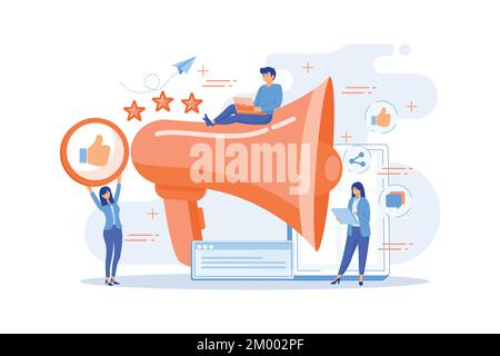 Users with like and share icons and megaphone. Like comment share giveaway, social networks promotion, like farming concept on white background. flat Stock Vector