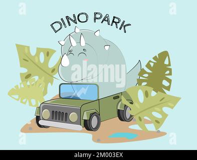 Dinosaur by car rides with a bunch of green foliage Stock Vector