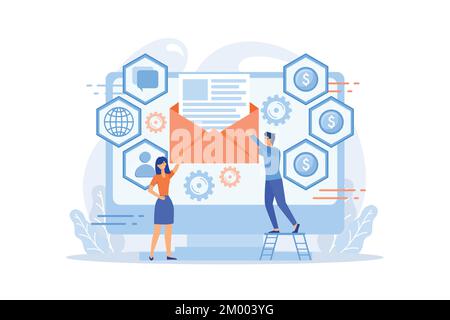 Customer receiving automated marketing message, tiny people. Marketing automation system, automated advertise message, marketing dashboard concept. fl Stock Vector