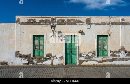 Façade detail, doors and windows on the residential buildings in Teguise, Lanzarote, Canary Islands, Spain, Europe Stock Photo