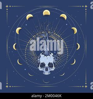 Tree Growing from a Skull  and Phases of Moon Medieval Esoteric Illustration. Vector illustration Stock Vector