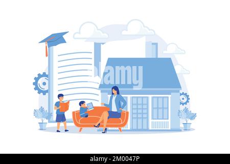 Children at home with tutor or parent getting education, tiny people. Home schooling, home education plan, homeschooling online tutor concept. flat ve Stock Vector