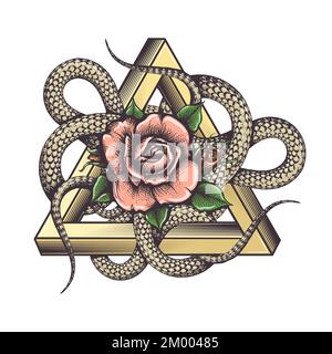 Rose and Snakes inside Triangle Esoteric Tattoo isolated on white. Vector illustration Stock Vector