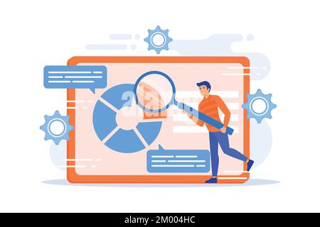 Business documents scanning. Electronic online doc with pie chart infographics. Data analytics, annual report, result checking. Man with magnifying gl Stock Vector