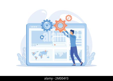 Internet advertising analytics. SEO, marketing, reports infographics. Digital promotion, social media networks advert. Video content promo. flat vecto Stock Vector