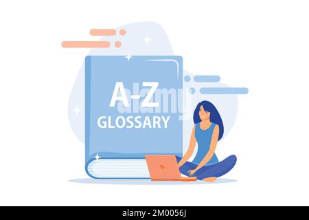 English language studying. Internet glossary, modern vocabulary, dictionary idea. Translator with laptop. Woman searching definition online. flat vect Stock Vector