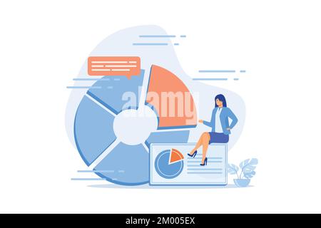 Business presentation. Data analytics, pie chart, infographics visualization. Report analyzing. Businessman character analyzing statistics. flat vecto Stock Vector