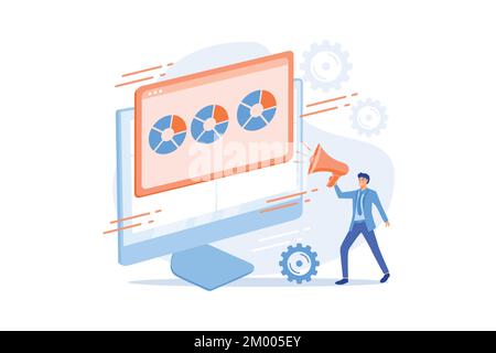 Internet poll results. Marketing survey, report analyzing, questionnaire. Marketer cartoon character with megaphone. Infographics on monitor screen. f Stock Vector