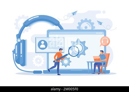 End user with magnifier finding information in laptop with headset. Customer self-service, e-support system, electronic customer support concept. flat Stock Vector