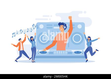 DJ in headphones at turntable playing music and tiny people dancing at party. Electronic music, DJ music set, DJing school courses concept. flat vecto Stock Vector