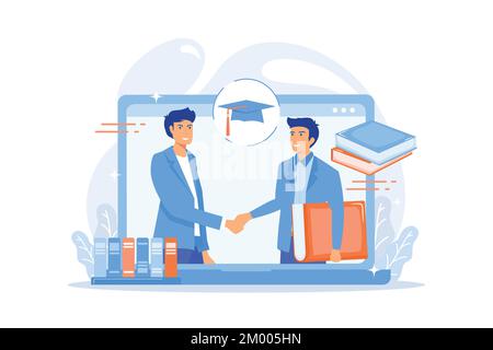 Teacher with books helping student at online lesson on laptop screen. Online tutor, on-demand homework help, english teacher online concept. flat vect Stock Vector