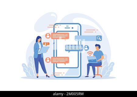 Stalker with laptop controls and intimidates the victim with messages. Cyberstalking, pursuit of social identity, online false accusations concept. fl Stock Vector