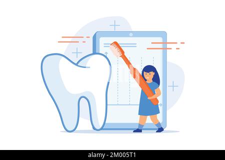 Learning brush teeth through play. Childrens electric toothbrush, sensor smart toothbrushes, app connected tooth cleaning, fun oral care concept. flat Stock Vector