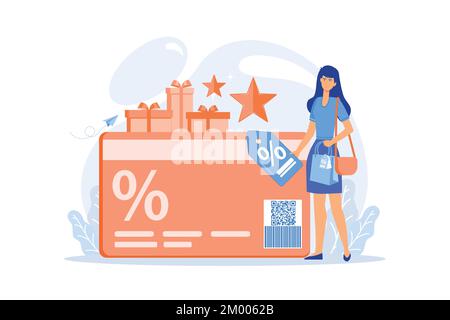 Discount card with percent sign and woman with discount tag. Loyalty program and customer service, retail and rewards card, loyalty points card concep Stock Vector