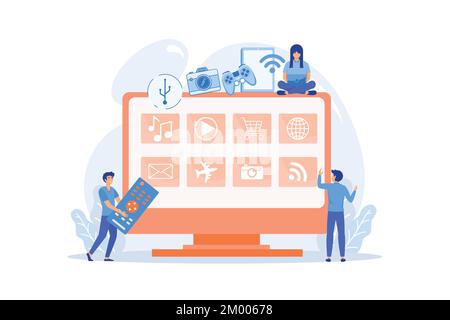 Tiny people using smart television connected to modern digital devices. Smart TV accessories, interractive TV entertainment, gaming TV tools concept. Stock Vector