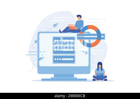 Tiny people programmers with laptops save data on backup server with lifebuoy. Backup server, online backup storage, secondary system server concept. Stock Vector