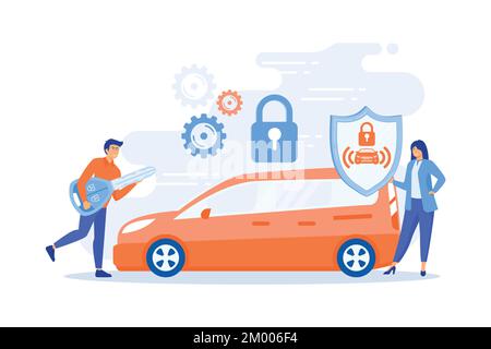 Businessman with car remote key and woman with shield at car with padlock. Car alarm system, anti-theft system, vehicle thefts statistics concept. fla Stock Vector