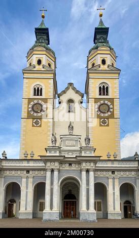 Main portal with twin towers of Bressanone Cathedral Brixen Cathedral Episcopal Church of the Assumption of the Blessed Virgin Mary and St. Cassian in Stock Photo