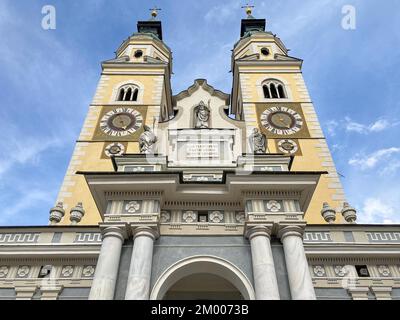 Main portal with twin towers of Bressanone Cathedral Brixen Cathedral Episcopal Church of the Assumption of the Blessed Virgin Mary and St. Cassian in Stock Photo
