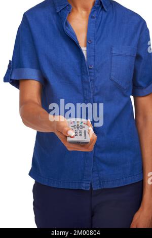 Switching channels. Cropped image of an african-american holding a remote control white isolated on white. Stock Photo