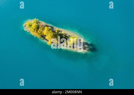 Bird's eye view of the chive island in the turquoise waters of Lake Walen in the canton of St. Gallen, Switzerland, Europe Stock Photo