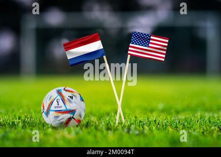 QATAR, DOHA, NOVEMBER 29. 2022: Netherlands - United States of America. Eight final, Last 16 football match. Official ball of Fifa world cup Qatar 202 Stock Photo