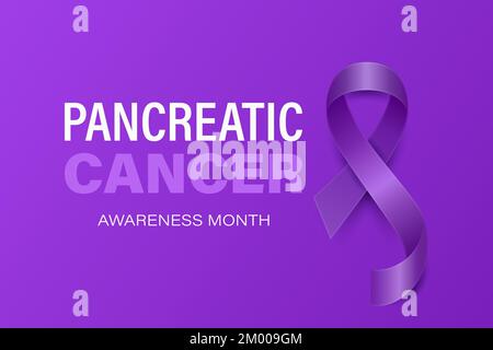 Pancreatic Cancer Banner, Card, Placard with Vector 3d Realistic Purple Ribbon on Purple Background. Pancreatic Cancer Awareness Month Symbol Closeup Stock Vector