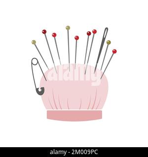 Pincushion vector illustration. Sewing needle and pins stuck on a pin holder. Stock Vector