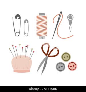 Set of sewing equipment vector illustration. Craft tools for tailoring. Stock Vector
