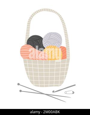 Yarn basket with knitting needles and crochet hook. Craft tools and materials. Stock Vector