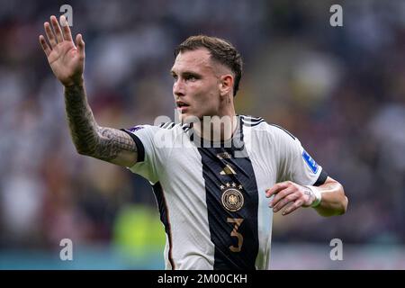 Al Chaur, Qatar. 01st Dec, 2022. Soccer: World Cup, Costa Rica - Germany, preliminary round, Group E, Matchday 3, Al-Bait Stadium, Germany's David Raum gesticulates. Credit: Tom Weller/dpa/Alamy Live News Stock Photo