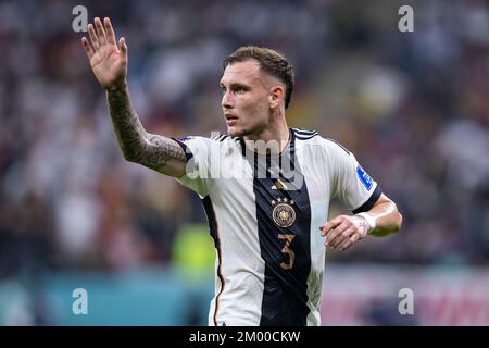 Al Chaur, Qatar. 01st Dec, 2022. Soccer: World Cup, Costa Rica - Germany, preliminary round, Group E, Matchday 3, Al-Bait Stadium, Germany's David Raum gesticulates. Credit: Tom Weller/dpa/Alamy Live News Stock Photo