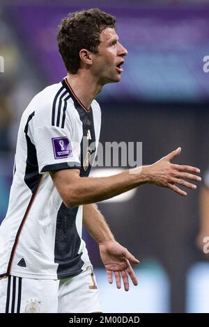 Al Chaur, Qatar. 01st Dec, 2022. Soccer: World Cup, Costa Rica - Germany, preliminary round, Group E, Matchday 3, Al-Bait Stadium, Germany's Thomas Müller gesticulates. Credit: Tom Weller/dpa/Alamy Live News Stock Photo