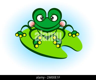 Cute Green Frog in Caricature Cartoon Style on the Green Leaf. Funny Animal for Children. Cartoon Character Stock Vector