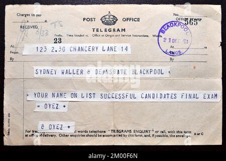A 1951 UK Post Office telegram sent to inform Sydney Waller in Blackpool is on the list of successful final examination candidates to be a solicitor Stock Photo