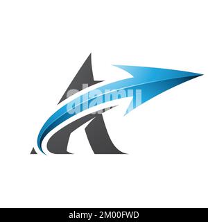 Illustration of Bold Curvy Black Letter A with a Glossy Blue Arrow isolated on a White Background Stock Vector