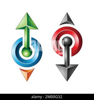 Illustration of Bold Embossed Glossy Arrows in Black Red and Green Colors isolated on a White Background Stock Vector