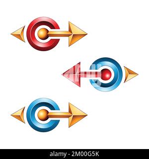 Illustration of Bold Glossy Embossed Arrows in Red Blue and Yellow Colors isolated on a White Background Stock Vector