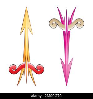 Illustration of Cracked Arrow and Bow in Yellow Red and Magenta Colors isolated on a White Background Stock Vector