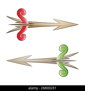 Illustration of Cracked Arrow and Bow in Red and Green Colors isolated on a White Background Stock Vector
