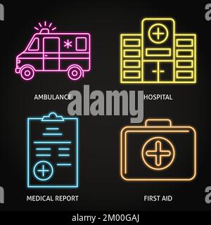 First aid kit neon icon in line style. Medical suitcase with cross ...