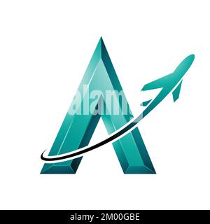 Illustration of Airplane Flying Around a Persian Green Embossed Letter A isolated on a White Background Stock Vector