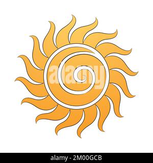 Illustration of Curvy Yellow Spiral Sun Icon with Black Outlines isolated on a White Background Stock Vector